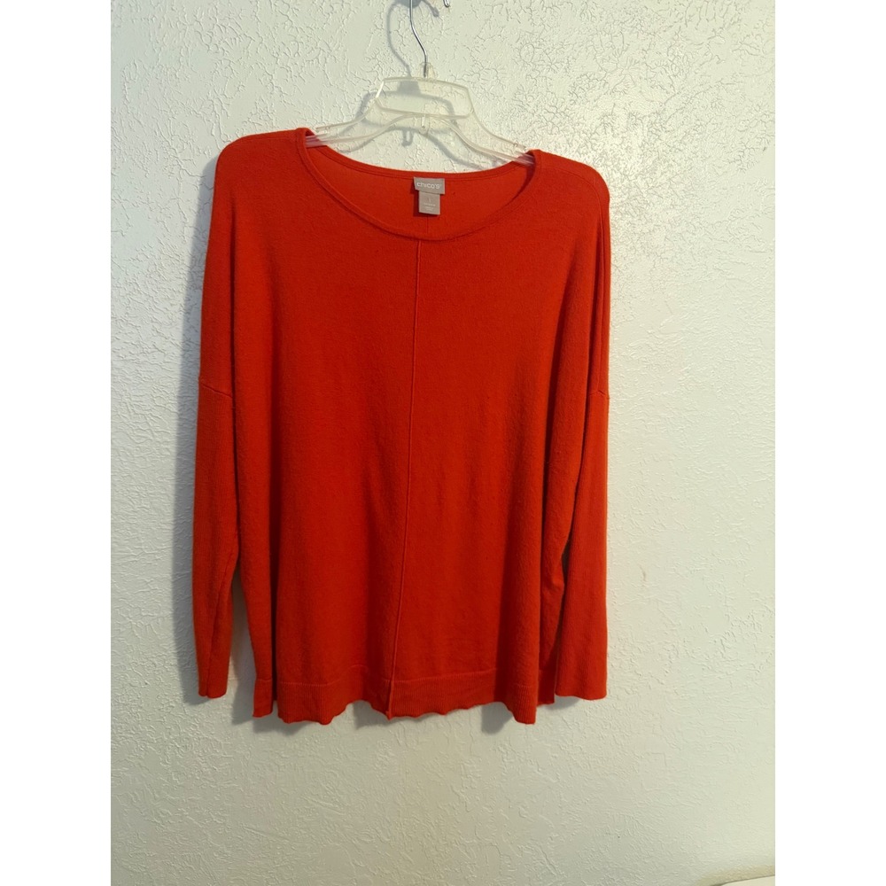 Chicos Orange Red Cashmere Blend Center Seam Relaxed Pullover Sweater Size 1 M